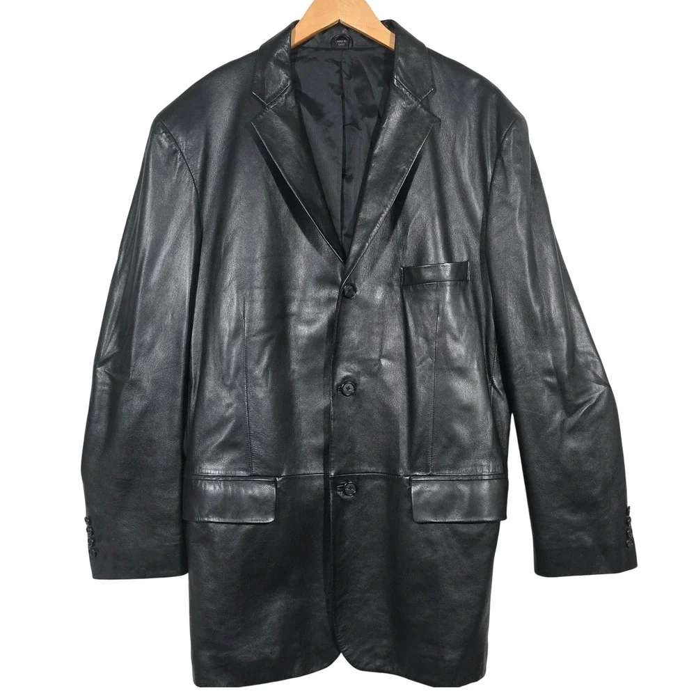Alfani Positano Mens L44 Black Genuine Leather Blazer Jacket Professional Career